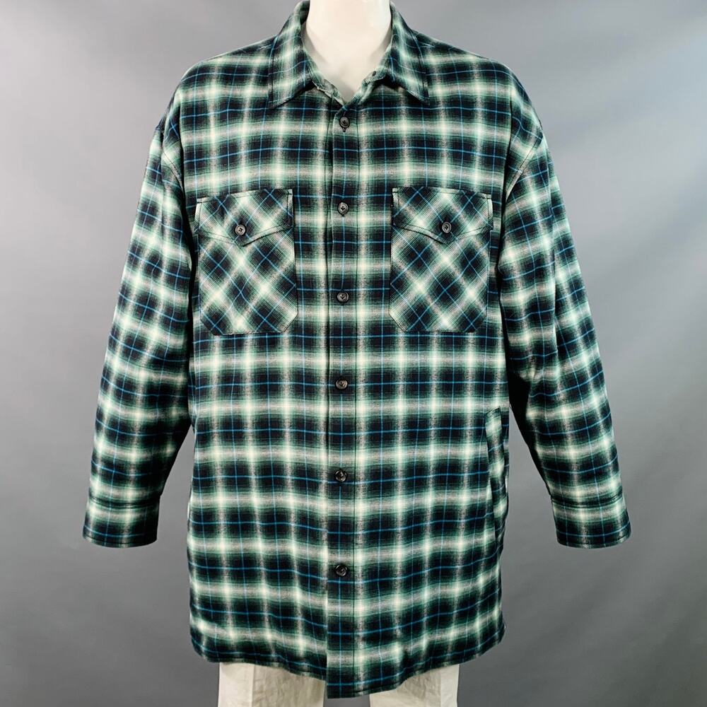 LANVIN Size XL Green Black White Plaid Cotton Oversized Shirt Jacket